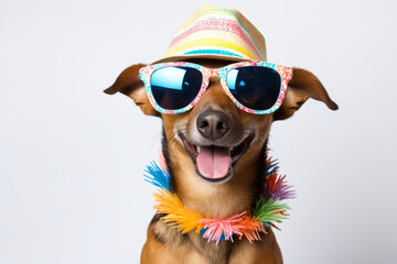 Funny party dog wearing colorful summer hat and stylish sunglasses. white background. AI Generated