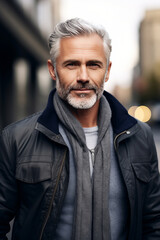 Obraz premium Portrait of an handsome mature man in casual attire on a city street. AI Generated