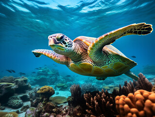 Obraz premium In the crystal-clear waters, a vibrant green sea turtle gracefully swims amidst a colorful coral reef Generative ai