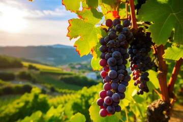 Naklejka premium Grape field growing for wine. Red grapes close-up, Vineyard hills. AI Generated