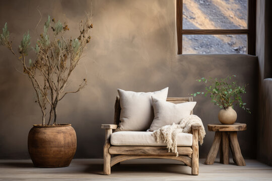 Fototapeta Rustic natural wood log armchair near stucco empty wall with copy space. Boho interior. AI Generated