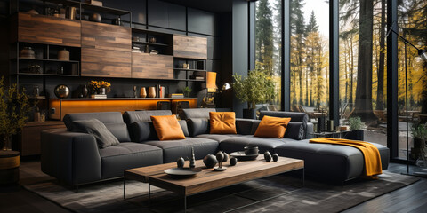 Studio apartment with black walls. Interior design of modern living room. AI Generated