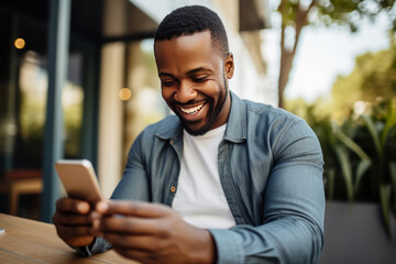 Man smiling and using mobile for online payment. AI Generated