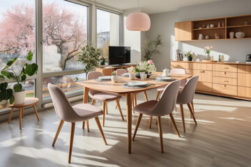 Fototapeta na wymiar Studio apartment with dining table and chairs. Scandinavian interior design. AI Generated