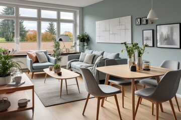 Fototapeta na wymiar Studio apartment with dining table and chairs. Scandinavian interior design. AI Generated