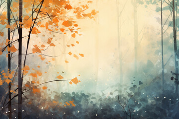 An ethereal watercolor painting of a tranquil autumn forest at dawn, with raindrops gently falling on colorful leaves Generative AI