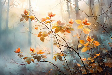 A dreamy watercolor representation of a misty autumn morning, with dew-kissed leaves shining under the soft light of dawn Generative AI