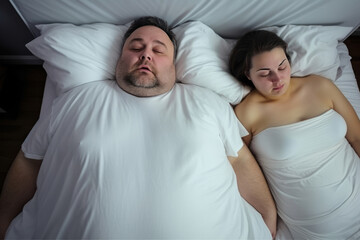 overweight man snoring loudly, while sleeping next to his fat wife in bedroom AI Generated - obrazy, fototapety, plakaty