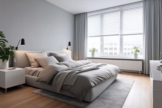 modern apartment bedroom comfortable bed near window. AI Generated