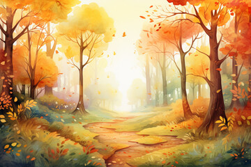 A delightful watercolor illustration of a forest clearing at dawn, with autumn leaves forming a colorful carpet Generative AI