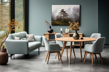 Studio apartment with dining table and chairs. Scandinavian interior design. AI Generated