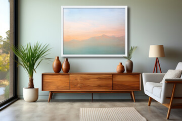 Wooden chest of drawers against white wall with art poster frame. AI Generated