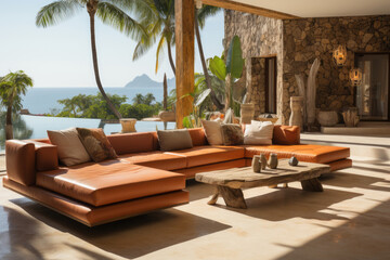 Terra cotta leather sofa in minimalist room with swimming pool in patio view. AI Generated