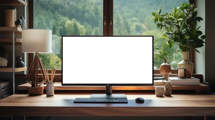 Computer monitor with blank screen on wooden desk in contemporary minimalist home office with outside the window, AI-generative - obrazy, fototapety, plakaty