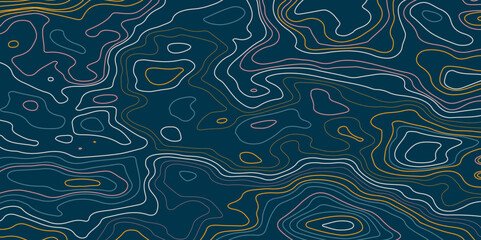 Colorful background of topographic line map. Vector line pattern of wood rings countour. Outline pattern for outdoor concept templates. Contours of tree, concepts for geographic background.
