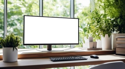 Computer monitor with blank screen on wooden desk in contemporary minimalist home office with outside the window, AI-generative