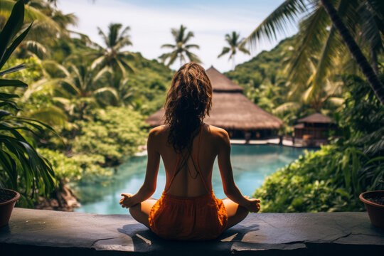 Women meditating in lotus position tropical paradise. AI Generated