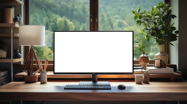 Computer monitor mockup with blank screen on wooden desk in contemporary minimalist home office with outside the window, AI-generative