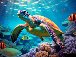 Fototapeta premium In the crystal-clear waters, a vibrant green sea turtle gracefully swims amidst a colorful coral reef Generative ai