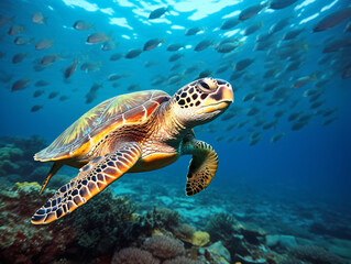 Naklejka na ściany i meble In the crystal-clear waters, a vibrant green sea turtle gracefully swims amidst a colorful coral reef Generative ai