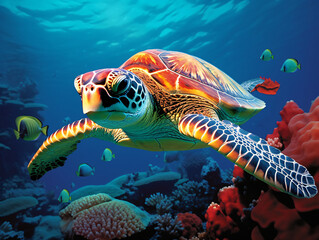 Obraz na płótnie Canvas In the crystal-clear waters, a vibrant green sea turtle gracefully swims amidst a colorful coral reef Generative ai