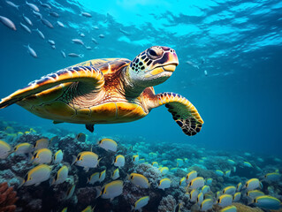 Fototapeta premium In the crystal-clear waters, a vibrant green sea turtle gracefully swims amidst a colorful coral reef Generative ai
