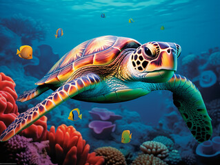 Fototapeta premium In the crystal-clear waters, a vibrant green sea turtle gracefully swims amidst a colorful coral reef Generative ai
