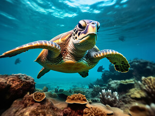 Obraz premium In the crystal-clear waters, a vibrant green sea turtle gracefully swims amidst a colorful coral reef Generative ai