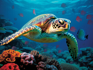 Fototapeta premium In the crystal-clear waters, a vibrant green sea turtle gracefully swims amidst a colorful coral reef Generative ai