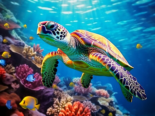 Obraz premium In the crystal-clear waters, a vibrant green sea turtle gracefully swims amidst a colorful coral reef Generative ai