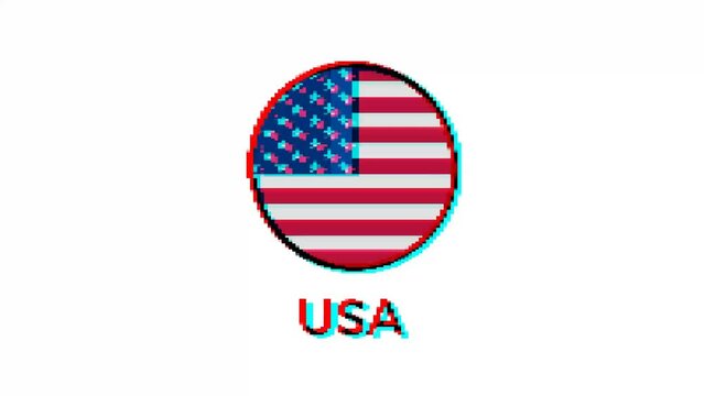 Pixel USA flag, United States of America with glitch effect on white background. Motion Graphics