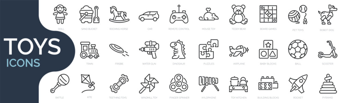 Set of outline icons related  to children toys. Linear icon collection. Editable stroke. Vector illustration