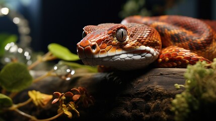 A Corn Snake (Pantherophis guttatus) curled around a tree branch in a terrarium, its orange and black patterned body making it an attractive pet for snake enthusiasts. - obrazy, fototapety, plakaty