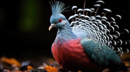 A Victoria Crowned Pigeon (Goura victoria) foraging on the forest floor in Papua New Guinea, its blue feathers and fan-like crest a sight to behold.