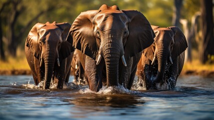 A group of African Elephants (Loxodonta africana) cooling off in Botswana's Okavango Delta, their massive bodies and flapping ears a majestic sight against the water.