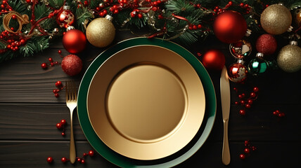 A Christmas table with a invitation card set on the table. AI Generated