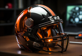 a football helmet sitting on a table. AI Generated