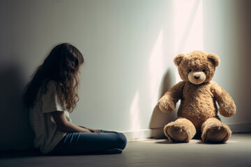 girl behind body with teddy bear sitting and facing an empty white wall in classroom. AI Generated