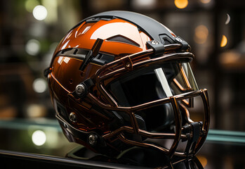 Fototapeta premium a football helmet sitting on a table. AI Generated
