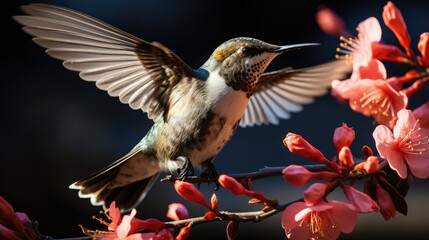 A Ruby-throated Hummingbird (Archilochus colubris) hovering mid-air in a North American garden, its wings beating rapidly and its iridescent red throat catching the morning light.