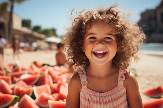 ?ute happy little girl eating a juicy watermelon on a beach. Children eat fruit on the street. Healthy food for children. Summer vacation concept