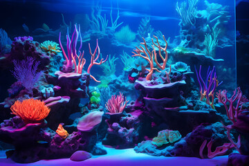 colourful reef aquarium with coral fishes and neon light
