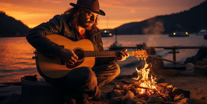 a person plays guitar with a bonfire at sunset at the beach. AI Generated