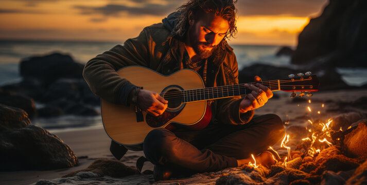 a person plays guitar with a bonfire at sunset at the beach. AI Generated
