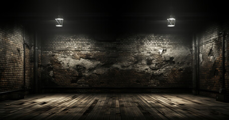 an empty room with brick walls and a spotlight. AI Generated