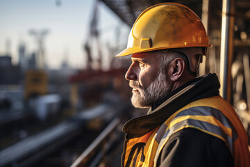 Fototapeta premium architect or construction worker or civil engineer on construction site with crane. AI Generated