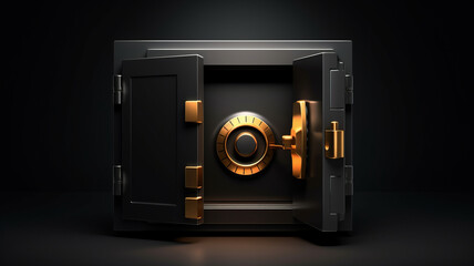 Black bank safe with open steel door and golden light . AI Generated