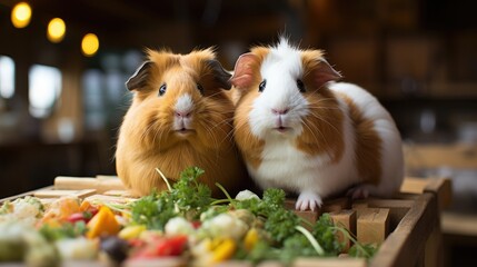 A pair of Guinea Pigs (Cavia porcellus) munching on vegetables in a playpen, their cute expressions and soft fur making them a hit with children.