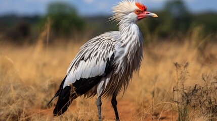 Fototapeta premium A Secretary Bird (Sagittarius serpentarius) stalking through the grasslands of South Africa's Kruger National Park, its tall legs, black crest, and pointed beak a striking image.