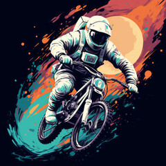Astronaut riding bmx illustration artwork with moon. AI Generated